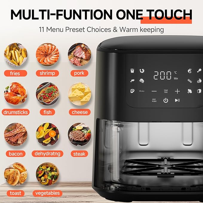 QIDO Air Fryer 8-in-1 with 5 QT Capacity,180°-450°F Precision Heating, Air Fry, Roast, Broil, Reheats, Dehydrates, Less Oil, Features Shake Reminder, Large Touch Display with Auto Menus, Dark Black