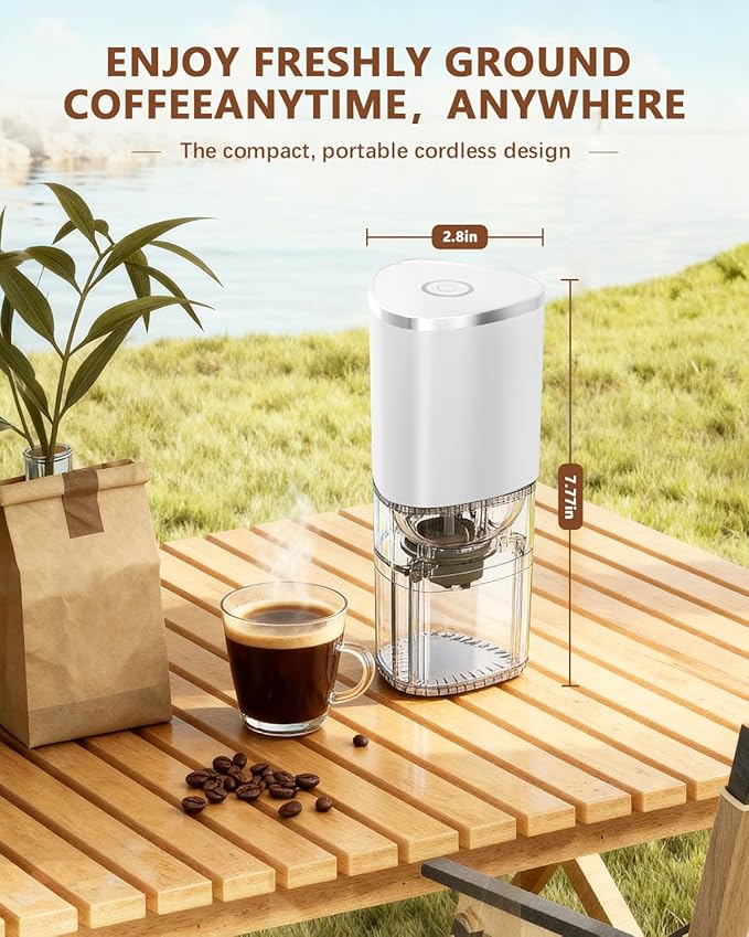 Portable Electric Coffee Grinder, Ergonomic Palm-Fitting Design for Comfortable Grip, USB Type-C Wireless Charging Adjustable Grind Settings for Coffee Beans/Grains(White)