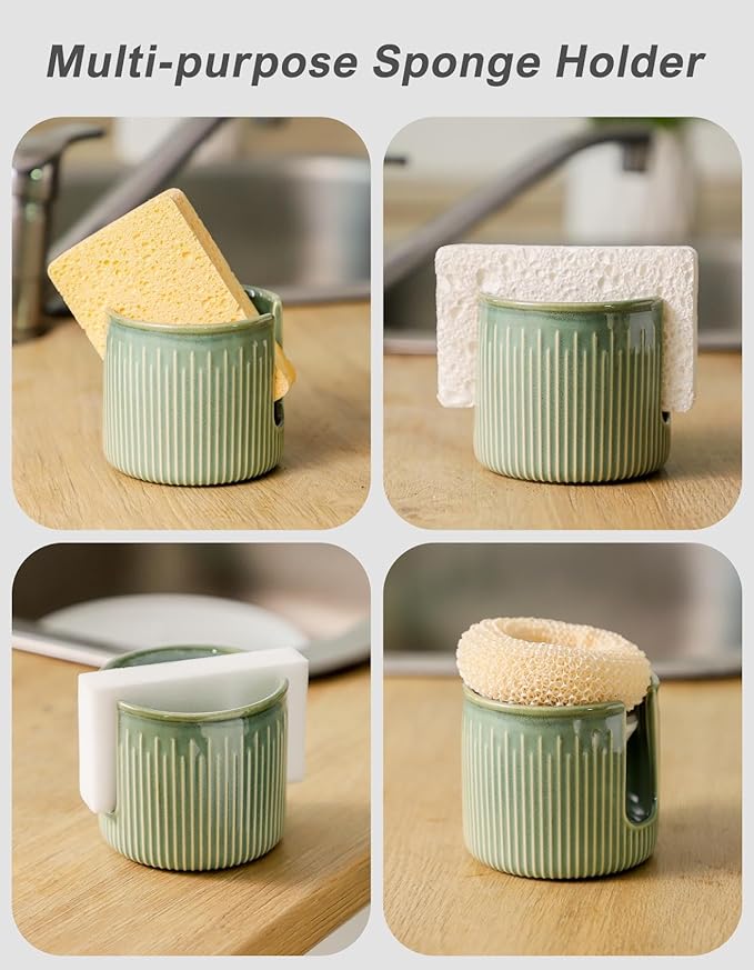 Ceramic Sponge Holder for Kitchen Sink, Scrub Sponge Dish Rack, Farmhouse Compact Sink Caddy Organizer, Glazed Green