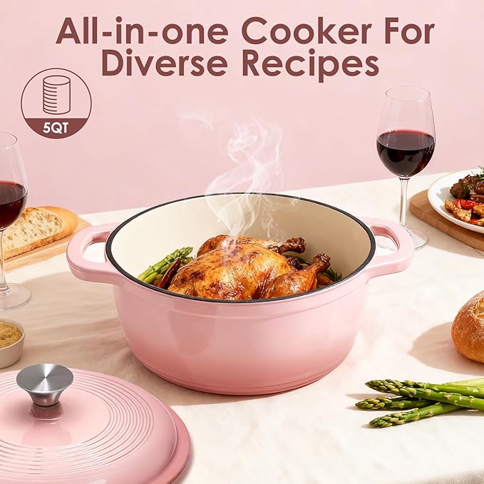Cast Iron Dutch Oven Pot With Lid - AIVIKI 5QT Enameled Dutch Oven for Bread Baking With Cotton Potholders - Heavy- Duty Cookware Across All Cooktops, Wedding Registry Ideas & Gifts, Pink