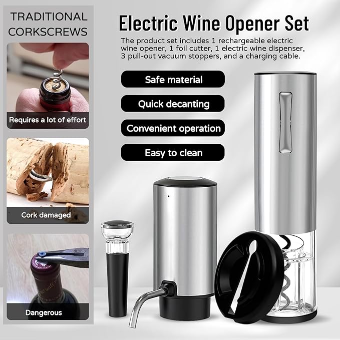 Electric Wine Opener Set - Automatic Rechargeable Corkscrew for Wine Bottles with Foil Cutter, Wine Aerator & Vacuum Stopper