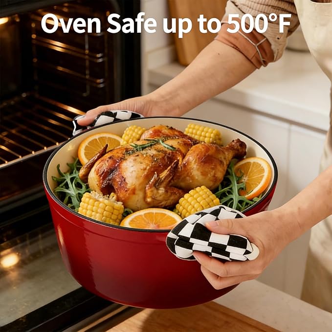 Enameled Cast Iron Dutch Oven with Lid -6.5 QT, incl. Sourdough Bread-Baking Supplies like Banneton Proofing Basket, Heavy Duty Cookware Bread-Oven for Baking, Stews, and Roasting, cherry red