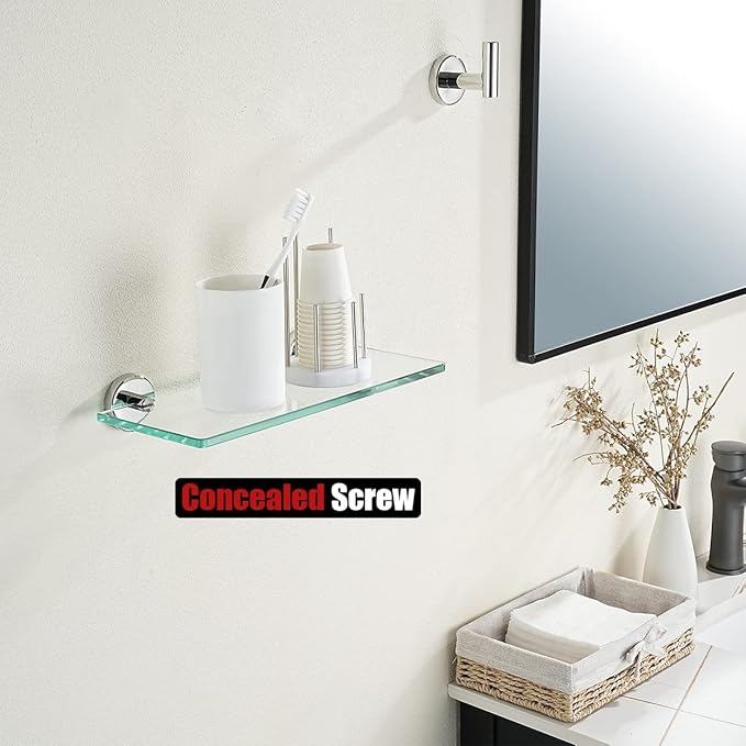 JQK Bathroom Glass Shelf Chrome, Tempered Glass Shower Storage 12 by 5 inches, 304 Stainless Steel Polished Chrome Wall Mount 2 Pack, TGS101L12-CH-P2
