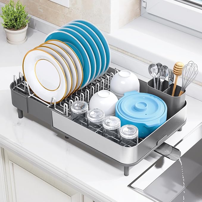Urackify Dish Drying Rack, 304 Stainless Steel Dish Drainer with Removable Utensil Holder & Drain Board, Rustproof Space-Saving Dish Rack for Kitchen Countertop, Grey