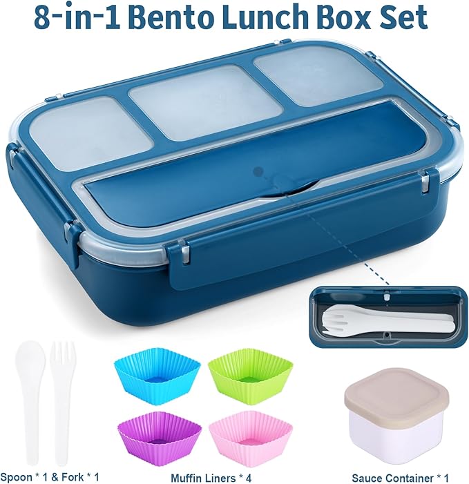 shell and turtle Bento Box Adult Lunch Box, Kids Lunch Containers for School with 4 Compartments, with Utensils, Sauce Jar, Muffin Liners, Microwave Safe, Navy