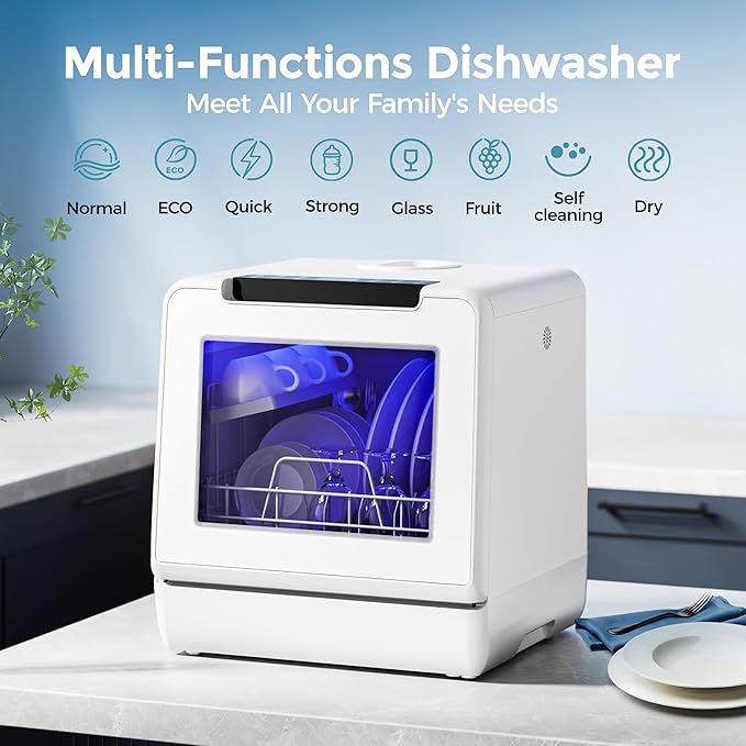 EUHOMY Countertop Dishwasher Portable with 8 Programs, 5L Built-in Water Tank, 167℉ High-Temp, No Hookup Needed, Portable Dishwasher with Slef-Clean/Baby Care/Air Dry/Quick/ECO/Fruit/Normal Mode