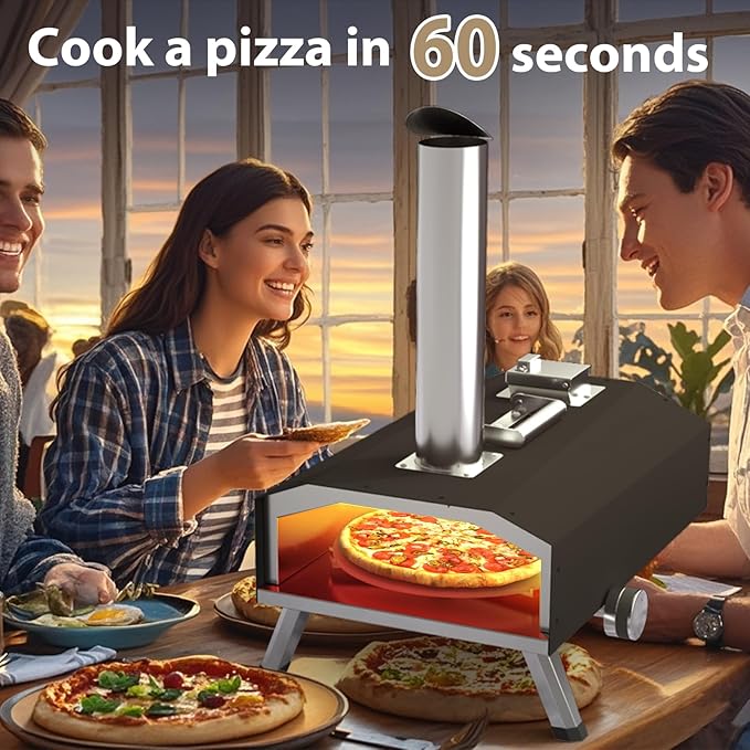 12" Portable Wood Pellet Pizza Oven with 360° Rotating Stone - Wood-Fired for Authentic Flavor, Ideal for Backyard, Camping, Picnics, and Patios - Easy to Use for Perfect Outdoor Cooking