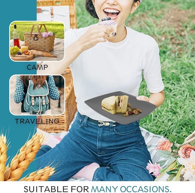 Teivio 16-piece Plastic Wheat Straw Square Dinnerware Set for 4, Unbreakable Dinner Plates, Salad Plates, Snack Bowls, Tumblers 13.5 oz, Dishwasher Safe, Gray Ombre