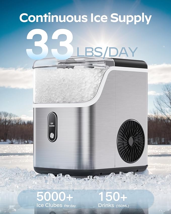 Totnz Nugget Ice Maker Countertop, Chewable Pellet Ice Machine with 33lbs Daily Produce, Pebble Ice Maker for Home Kitchen Office