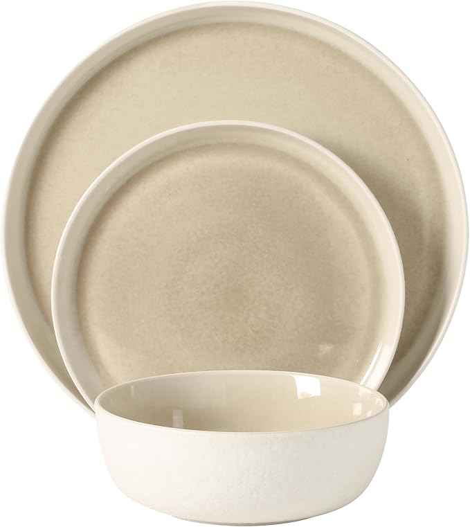 Gibson Elite Tahoe Sunset 12-Piece Reactive Stoneware Dinnerware Set – Matte Exterior & Shiny Interior Plates and Bowls, Durable Everyday Dish Set, Microwave & Dishwasher Safe - Taupe