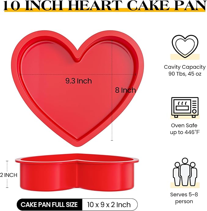 Silicone Heart Shaped Cake Pans 10 Inch Heart Cake Pan Set Nonstick Silicone Heart Molds for Baking (2 Pcs, Red)