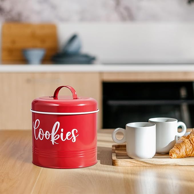 DAYYET Farmhouse Cookie Jar for Kitchen Counter, 1 Gallon Vintage Cookie Jar with Airtight Lid, Large Food Storage Container for Candy, Cookies, Dessert, Red Kitchen Decor and Accessories