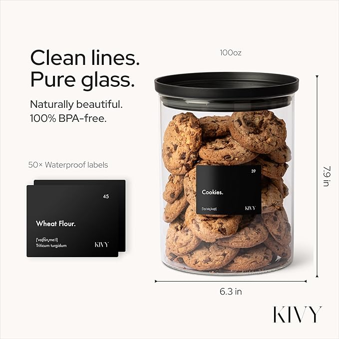 KIVY Large Glass Jar with transparent Glass Lid [100oz] Sealed glass canisters with airtight lid - Black canister - Laundry pod jar - Rice Storage jar - Flour and sugar containers - Flour Canister