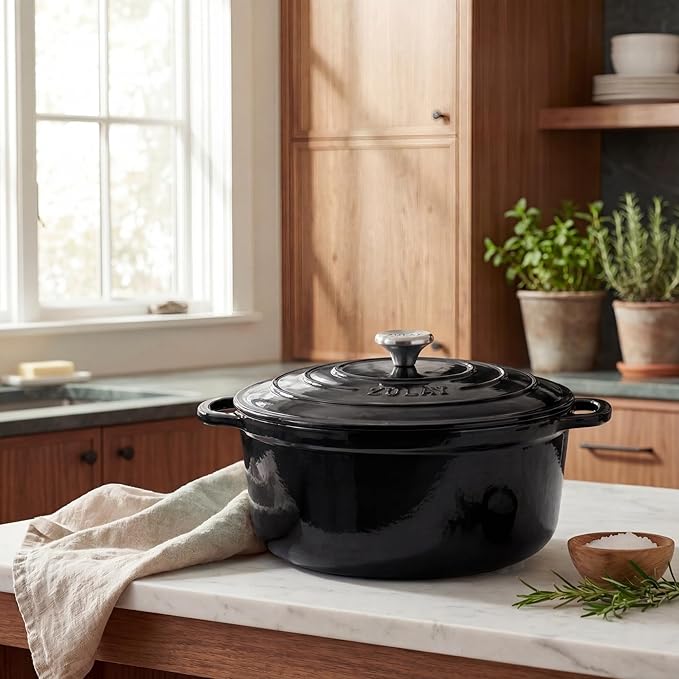 Zulay Kitchen 5 Quart Enameled Cast Iron Dutch Oven Pot with Lid – Premium Durability & Oven Safe up to 500°F – Heavy Duty Cookware Perfect for Bread Baking, Stews, Braising & Roasting – Black