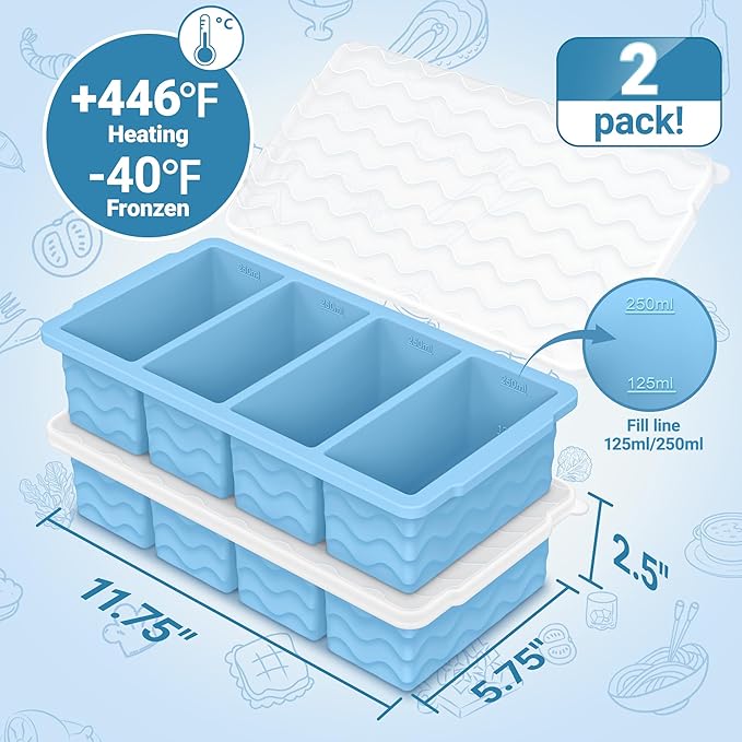 Doasuwish Silicone Freezer Tray for Soup with Lid – 1-Cup Soup Container Cube Style Ice Cube Trays for Freezer, Meal Prep & Food Storage, Freeze 250mL/125mL Portions – 2 Pack