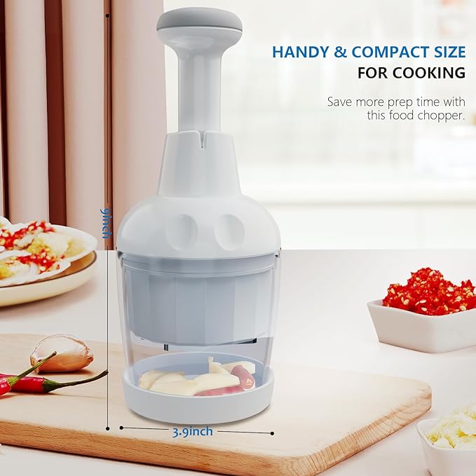 Food Chopper, Handheld Veggie Chopper for Vegetable, Onion, Garlic, Nut, Hand Vegetable Cutter, Dishwasher-safe, Stainless Steel Blade, White.