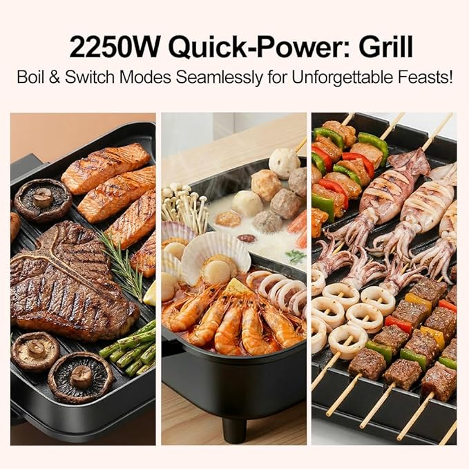 Electric Hot Pot and Grill Combo, Korean BBQ Indoor Smokeless Grill with Nonstick Surface,Large Tabletop Cooker for Family & Party, Includes Cooking Tool Set (Ladle, Strainer, Tongs, Oil Brush)