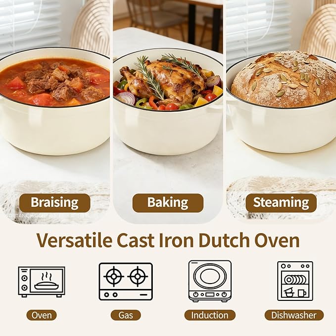 Enameled Cast Iron Dutch Oven with Lid -6.5 QT, incl. Sourdough Bread-Baking Supplies like Banneton Proofing Basket, Heavy Duty Cookware Bread-Oven for Baking, Stews, and Roasting, Cream White