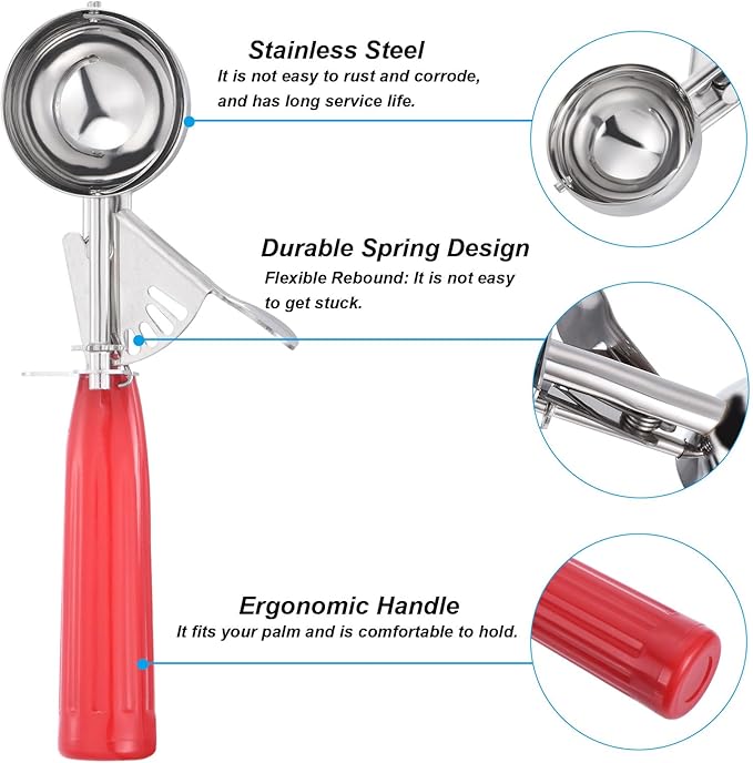 PATIKIL 1.3 Ounce Ice Cream Scoop with Trigger, Stainless Steel Portion Cookie Scoop with Thumb Trigger for Cookie Dough Cupcake Batter Baking, Red 39ML