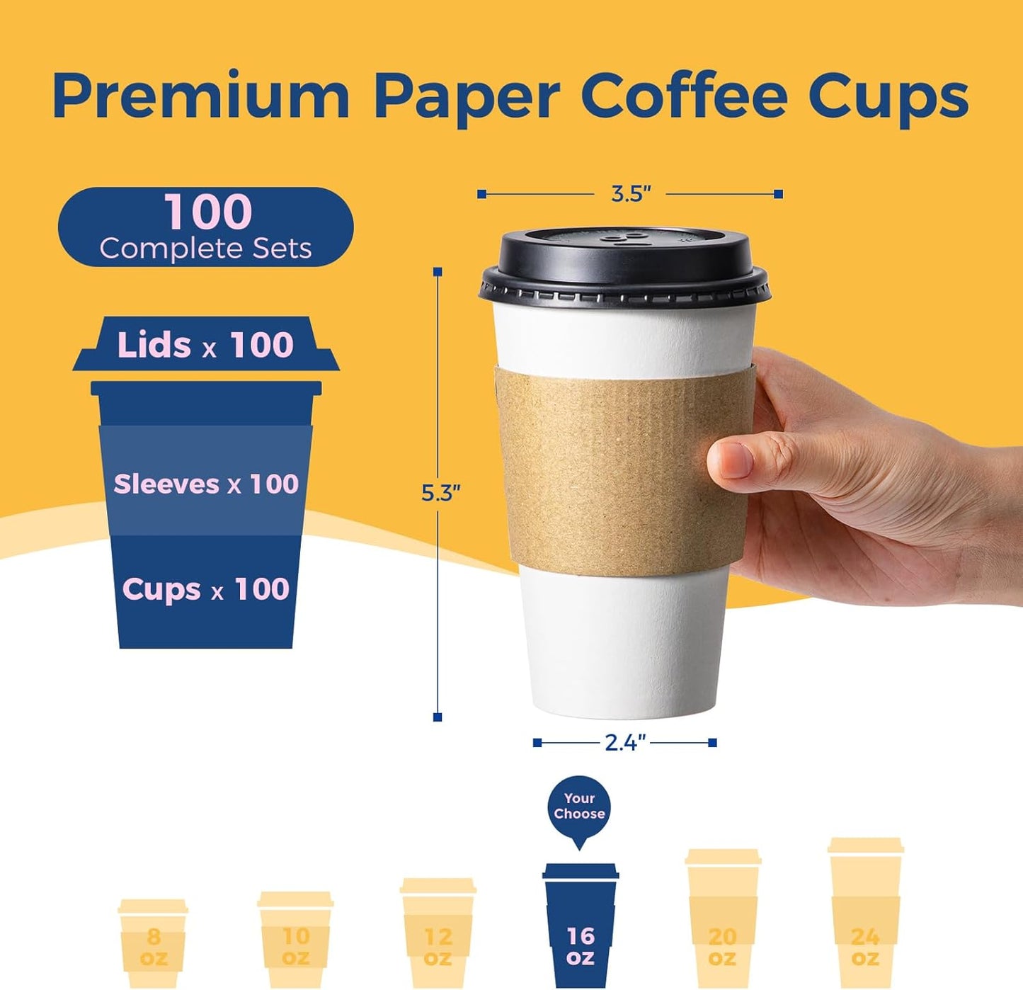 Fit Meal Prep 100 Pack 16 oz Disposable Coffee Cups with Lids, Sleeves, Leak-Proof To Go Coffee Cups with Lids, Durable Paper Cups for Hot Beverage, Home, Office, Party