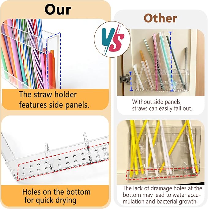 9.5" Large Acrylic Straw Holder for Cabinet Door-Reusable Tumbler Straw Organizer Storage,Small Kitchen Organizers and Storage Accessories Container, Ultra Sticky Cupboard Door Mounted(Black)