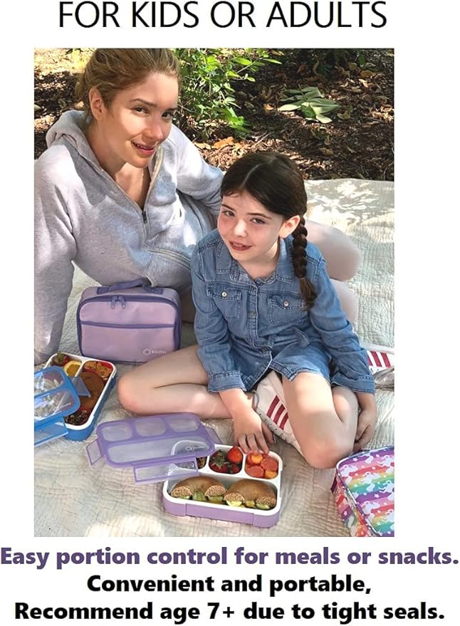 kinsho Lunch Boxes for Girls Teens Adults - Bento Box Set with Insulated Bag and Ice Pack, 4 Compartment Leak Proof Food Container, BPA-Free, Microwave Safe, Ideal for School & Work, Purple