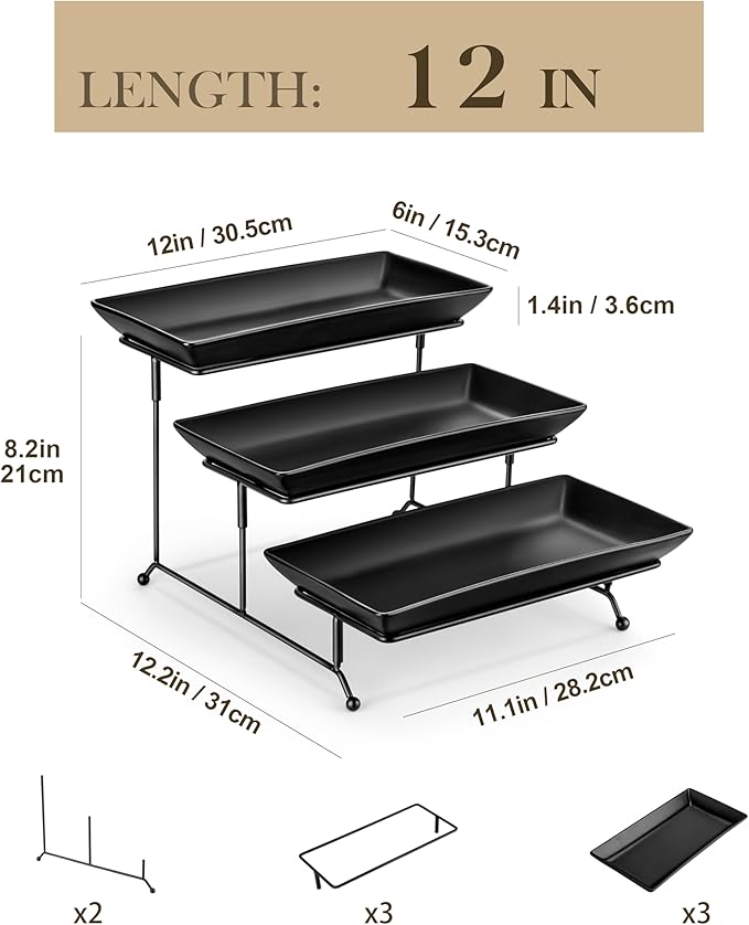 MALACASA 3 Tier Serving Tray, Porcelain Tiered Serving Trays Platters, 12 Inch Serving Stand with Platters,Black Dessert Stand with Collapsible Sturdier Metal Rack,Series PLAT