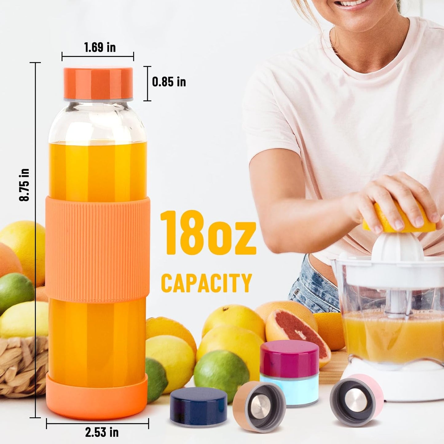 18 oz Clear Glass Juice Bottles with Lids and Silicone Sleeve, Reusable Glass Water Bottles with Stainless Steel Cap for Juicing, Refrigerator,100% Leak Proof, BPA Free, Set of 6