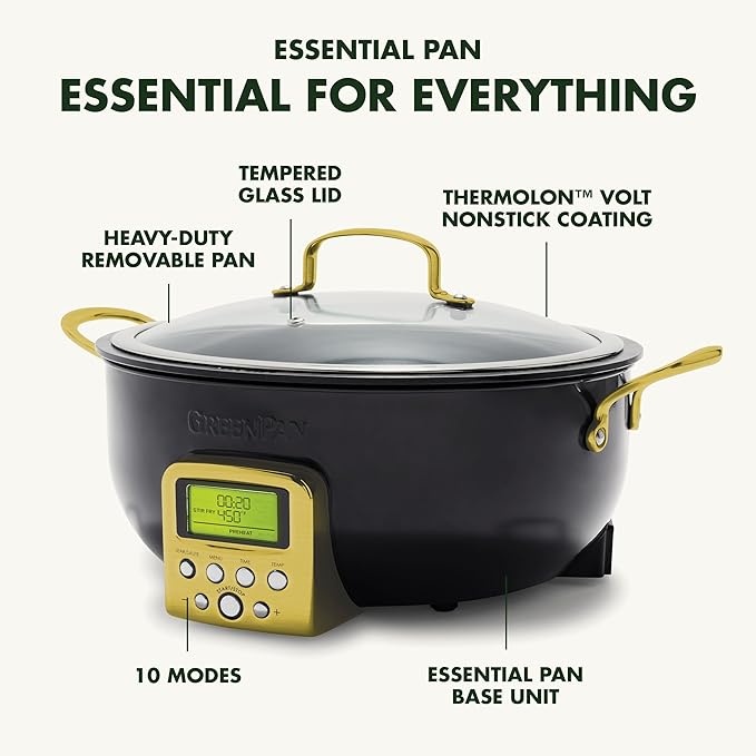 GreenPan Elite Essential Smart Electric 6QT Skillet Pot, Presets to Sear Saute Stir-Fry and Cook Rice, Healthy Ceramic Nonstick and Dishwasher Safe Parts, Easy-to-use LED Display, Gold