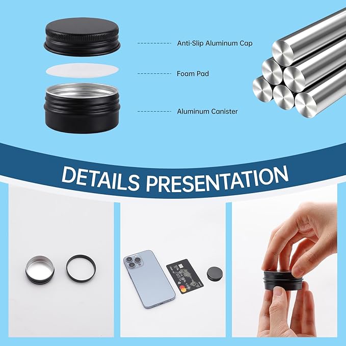 120 Pack 0.5 oz Aluminum Tin Jars with Screw Lids - Food Grade Round Metal Containers for Lip Balm, Salves, Spices & Crafts - Leak Proof Travel Cosmetic Sample Tins with Labels (15ml Black)