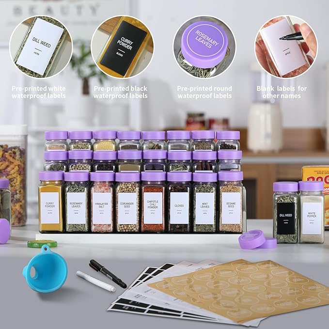 36 Glass Spice Jars with Labels, Spice Jar Set, 4oz Spice Containers, Seasoning Containers with Purple Airtight Lids and Shaker Lids, Square Empty Spice Bottles, 492 Labels, 1 Funnel