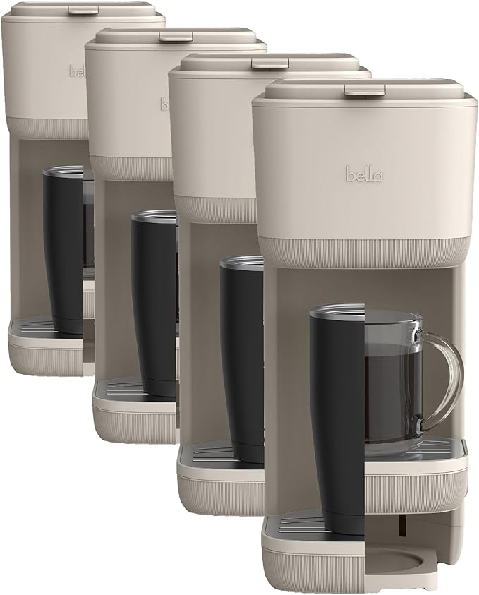 BELLA Single Serve Coffee Maker,K-Cup & Coffee Ground Compatible with Removable,Adjustable Drip Tray,Auto Shutoff & Reusable Dishwasher Safe Accessories,Brews 6oz to 14oz,1000 Watt,Oatmilk(Pack of 4)