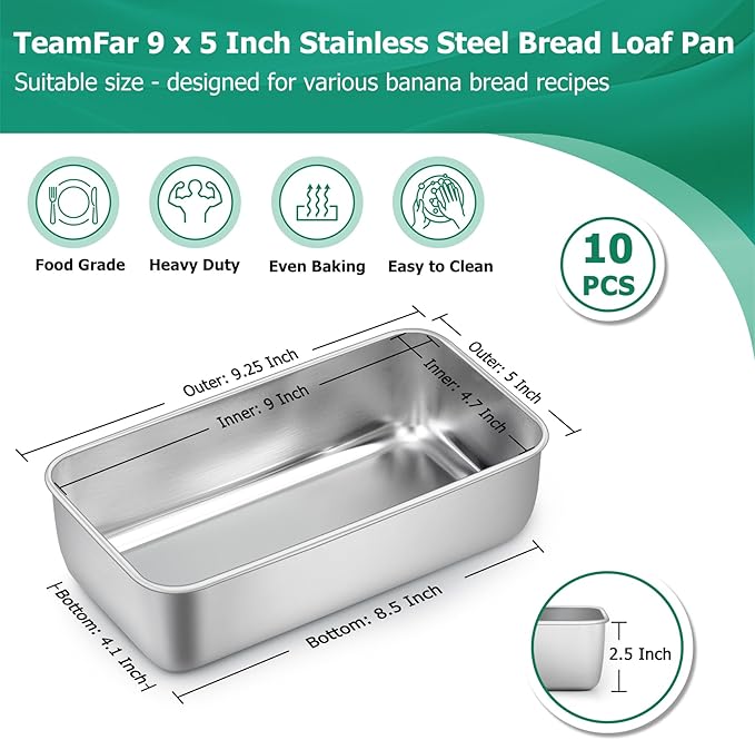TeamFar Loaf Pans for Baking, 9 x 5 Inch Stainless Steel Loaf Bread Pans Tins for Homemade Bread/Brownies, Healthy & Sturdy, Oven & Dishwasher Safe - Set of 10