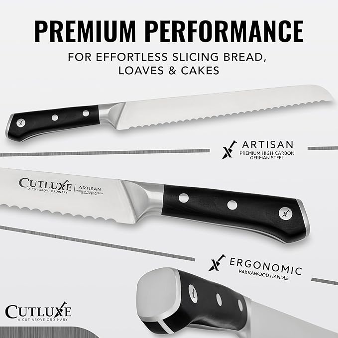Cutluxe Bread Knife – 10" Serrated Knife for Homemade, Sourdough Bread – Forged High Carbon German Steel – Full Tang & Razor Sharp – Ergonomic Handle Design – Artisan Series
