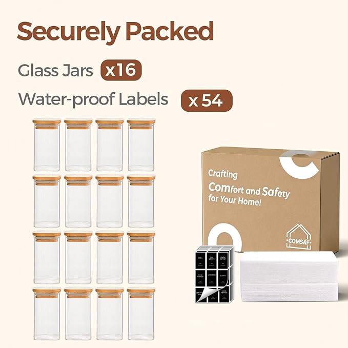 ComSaf Spice Jars with Labels 8 oz 16Pack, Small Spice Containers Starter Set, Glass Seasoning Jars with Lids, Square Seasoning Containers for Salt, Pepper, Chili Powder, Sugar, Loose Tea Storage