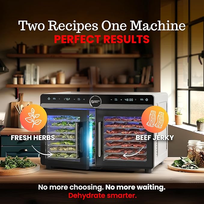 Magic Mill Premium DualZone Food Dehydrator, 16 Stainless Steel Trays with French Doors, Independent Temp Control, Rear Fan, Keep Warm Mode, for Jerky, Fruit, Veggies, Dog Treats, Meal Prep