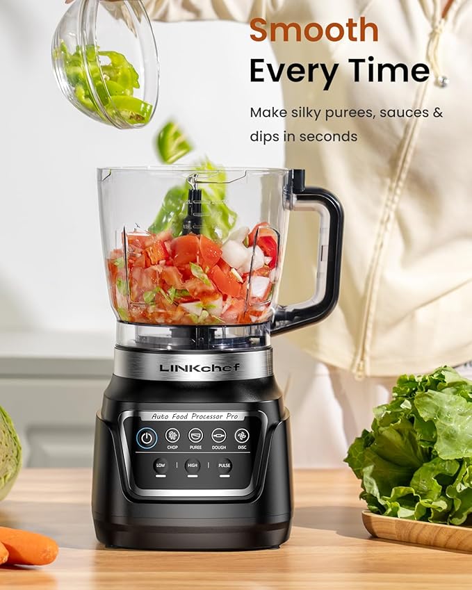 LINKchef Food Processor 68 oz, 700W Electric Vegetable Chopper with 4 Functions for Chopping, Slicing, Shredding, Pureeing and Dough Mixing, Meat Grinder with Stainless Steel Blades for Kitchen