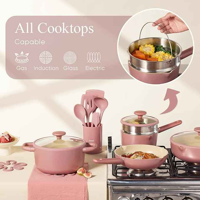 CAROTE 21pcs Cookware Set Nonstick Pots and Pans Set, Ceramic Cookware Set Induction Cookware, Non toxic Healthy Non Stick Kitchen Cooking Set, PFAS PTFE Free