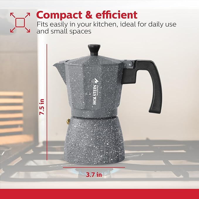 Holstein Housewares - 6 Cup Aluminum Stovetop Espresso Maker and Moka Pot - Great Tasting Traditional Espresso Coffee, Italian and Cuban Café Brewing in Minutes, Silver