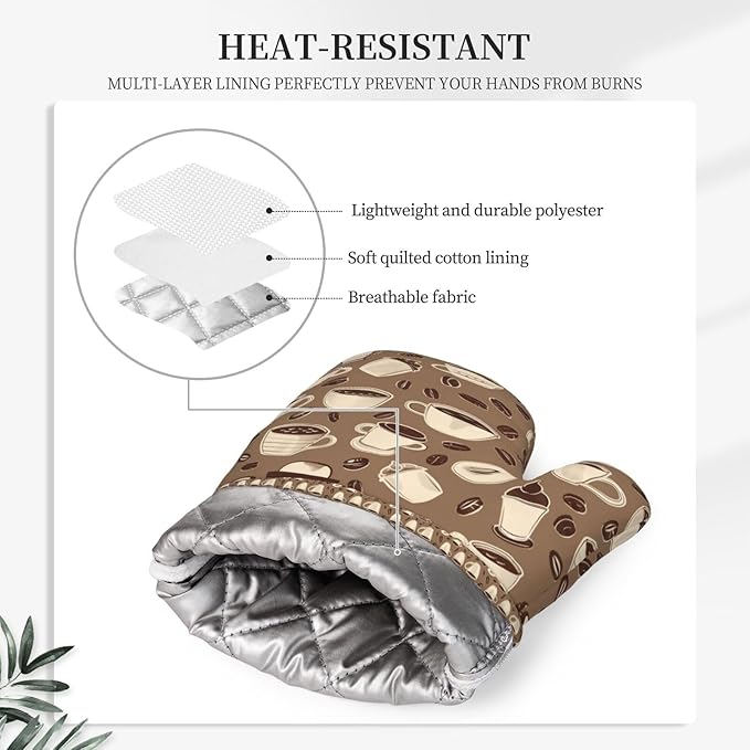 Oven Mitts and Pot Holders Set, Coffee Pattern Bean Silicone Kitchen Accessories 4 Piece Heat Resistant Long Gloves Potholder Non-Slip Grip for Chef Cooking Baking Grilling BBQ
