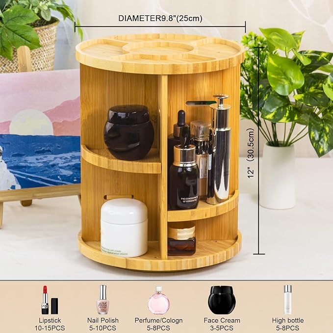 VVW Rotating Bamboo Makeup Organizer,360 Degree Spinning Adjustable Bamboo Vanity Makeup Holder Rack,Large Capacity Cosmetics Storage Display Box,Fits Makeup,Skincare,Cologne (Beige1)