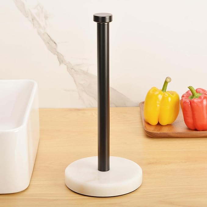 Kitchen Paper Towel Holder Countertop, Black Stainless Steel Rod, White Weighted Natural Marble Base, Heavy Duty Standing Paper Towel Roll Holders Easy One Hand Tear