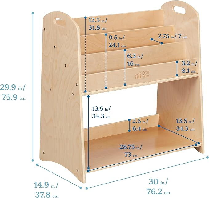 ECR4Kids 3-Shelf Floor Book Display with Handles and Storage, 30in, Kids Bookshelf, Natural