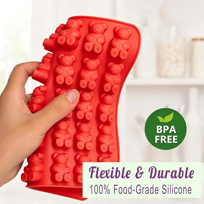 4 pcs Large Gummy Bear Molds 5 ML, BPA-FREE Silicone Chocolate Candy Gummy Molds with 4 Droppers and Cleaning Brush 140 Cavity