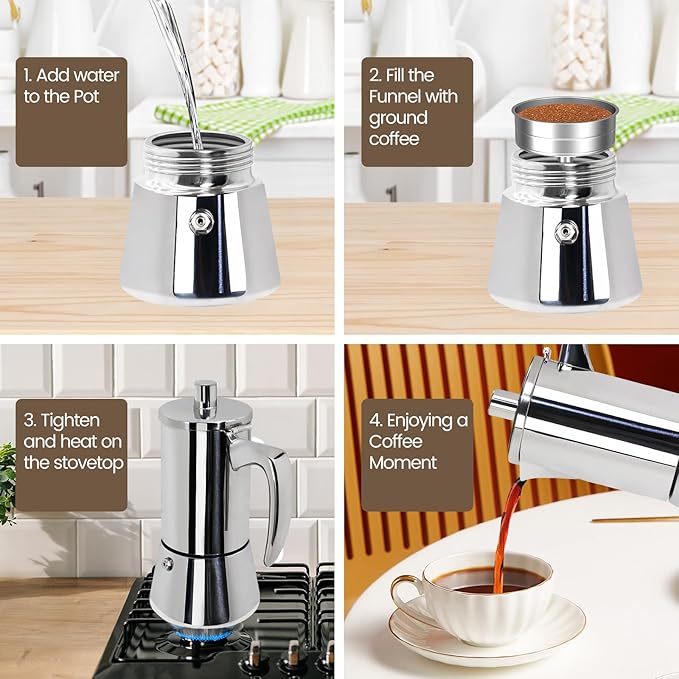 12 Cup Thickened Moka Pot 304 Stainless Steel 600ml Italian Espresso Coffee Maker Stovetop CoffeeMakers Mocha Pot Percolator for Induction Stove Classic Cafe Makers Portable for Easy Brewing