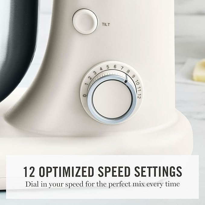 Martha Stewart  Tilt-Head Stand Mixer, 12 Speed, 5.3QT Stainless Steel Bowl, Splash Guard with Pour Chute, Whisk, Dough Hook, Flat Beater, Electric Kitchen Baking Mixer, Bread, Cake, Whip, Linen White