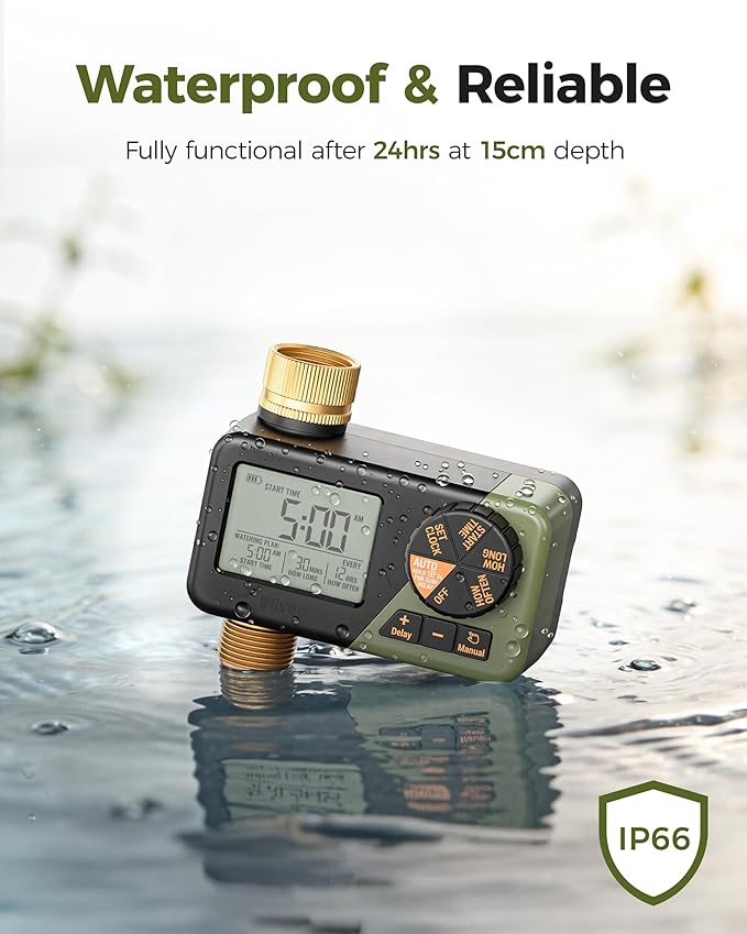 Diivoo IP66 Waterproof Brass Hose Timer, Programmable Sprinkler Timer with Large Display, Rain Delay & Manual Mode – Outdoor Automatic Irrigation System for Garden, Lawn & Yard