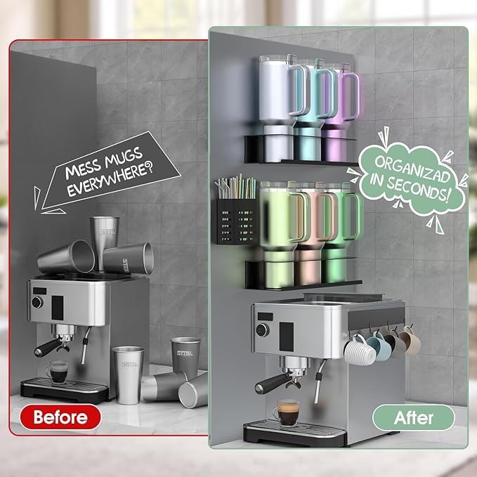 Magnetic Cup Holder for Refrigerator, Water Bottle Organizer for Stanley and Tumbler, Accessory with Lid Hook Straw Holder and Double Sided Tape for Kitchen Fridge Cabinet