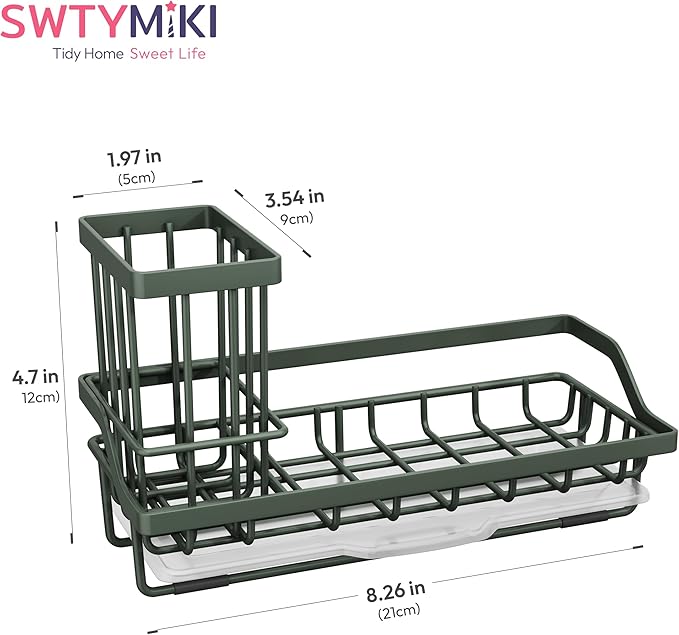 SWTYMIKI Sink Caddy Sponge Holder - Kitchen Sink Organizer with High Brush Holder for Countertop to Hold Dish Soaps and Sponges, Stainless Steel, Green
