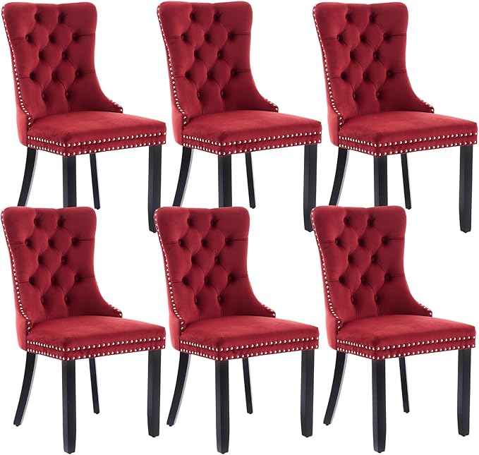 Velvet Dining Chairs Set of 6, Upholstered Dining Room Chairs with Back Ring Pull Trim and Solid Wood Legs,Tufted Wingback Kitchen Chairs for Dining Room,Kitchen(Wine Red)